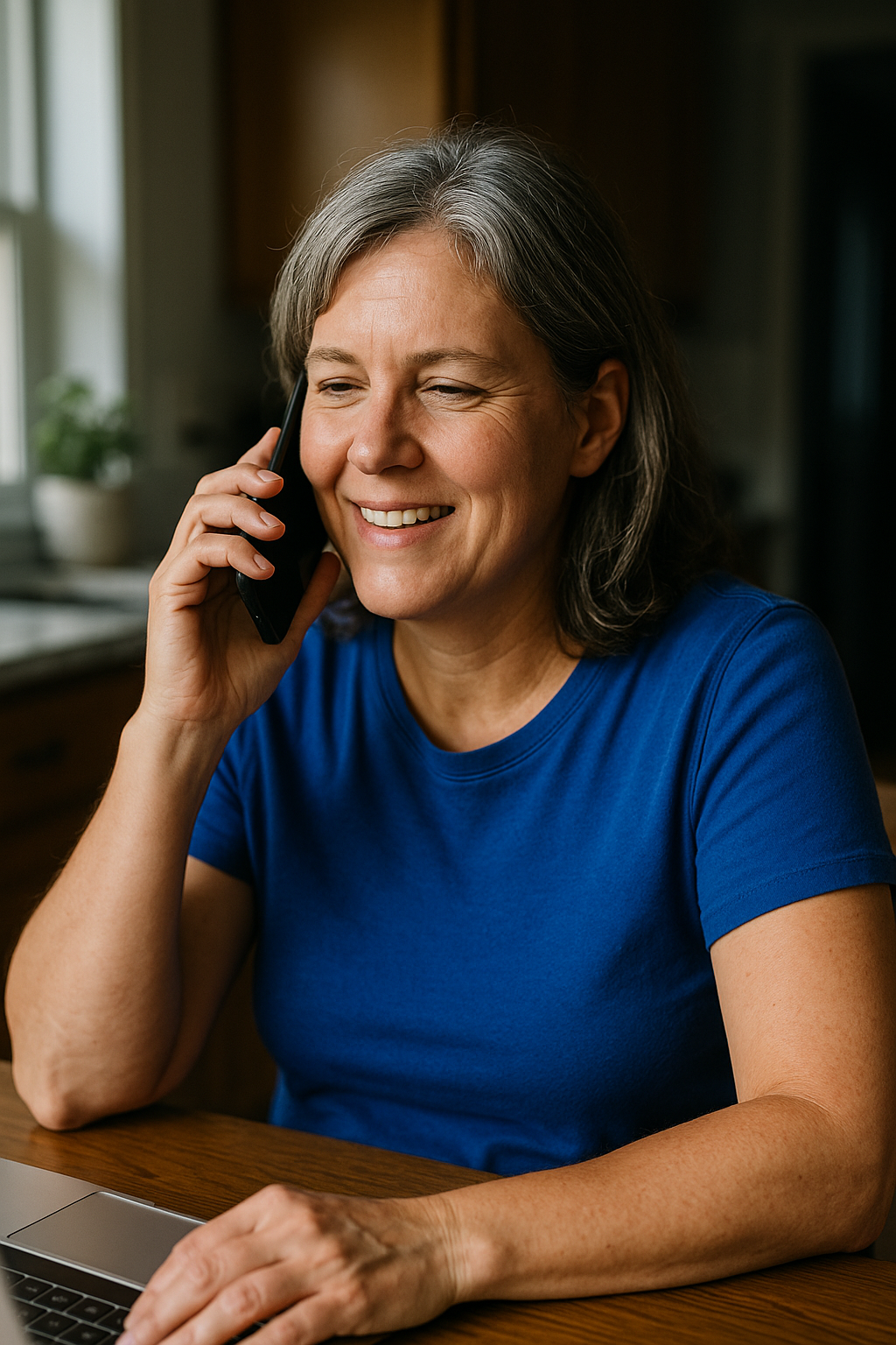 Woman in a blue shirt talking on a phone to customer service with a laptop on a table in front of her.