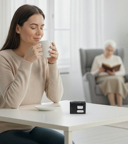 Caregiver relaxing drinking from a mug with their loved one safe on a chair reading a book.