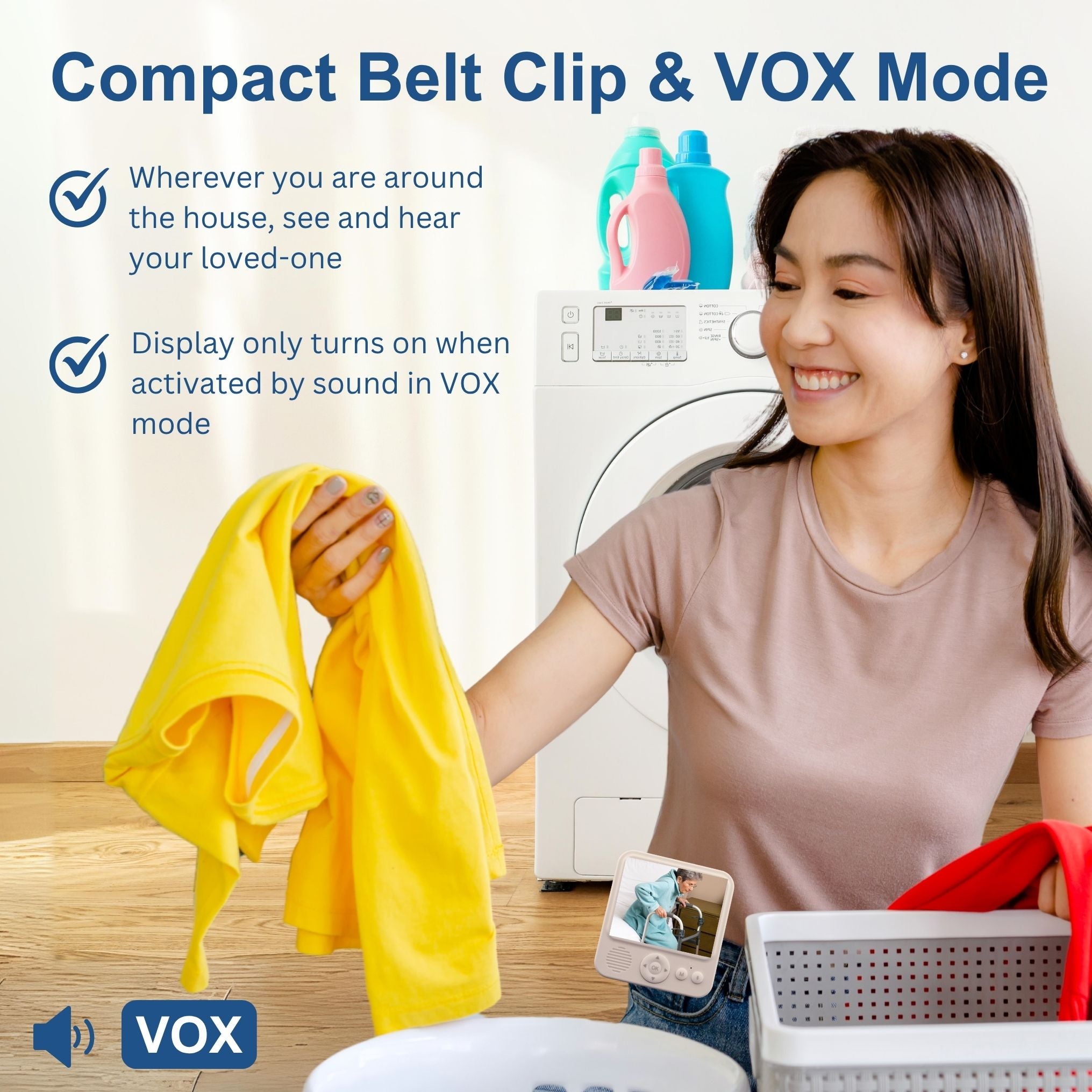 Woman holding a yellow towel with text about Compact Belt Clip & VOX Mode in a laundry room.
