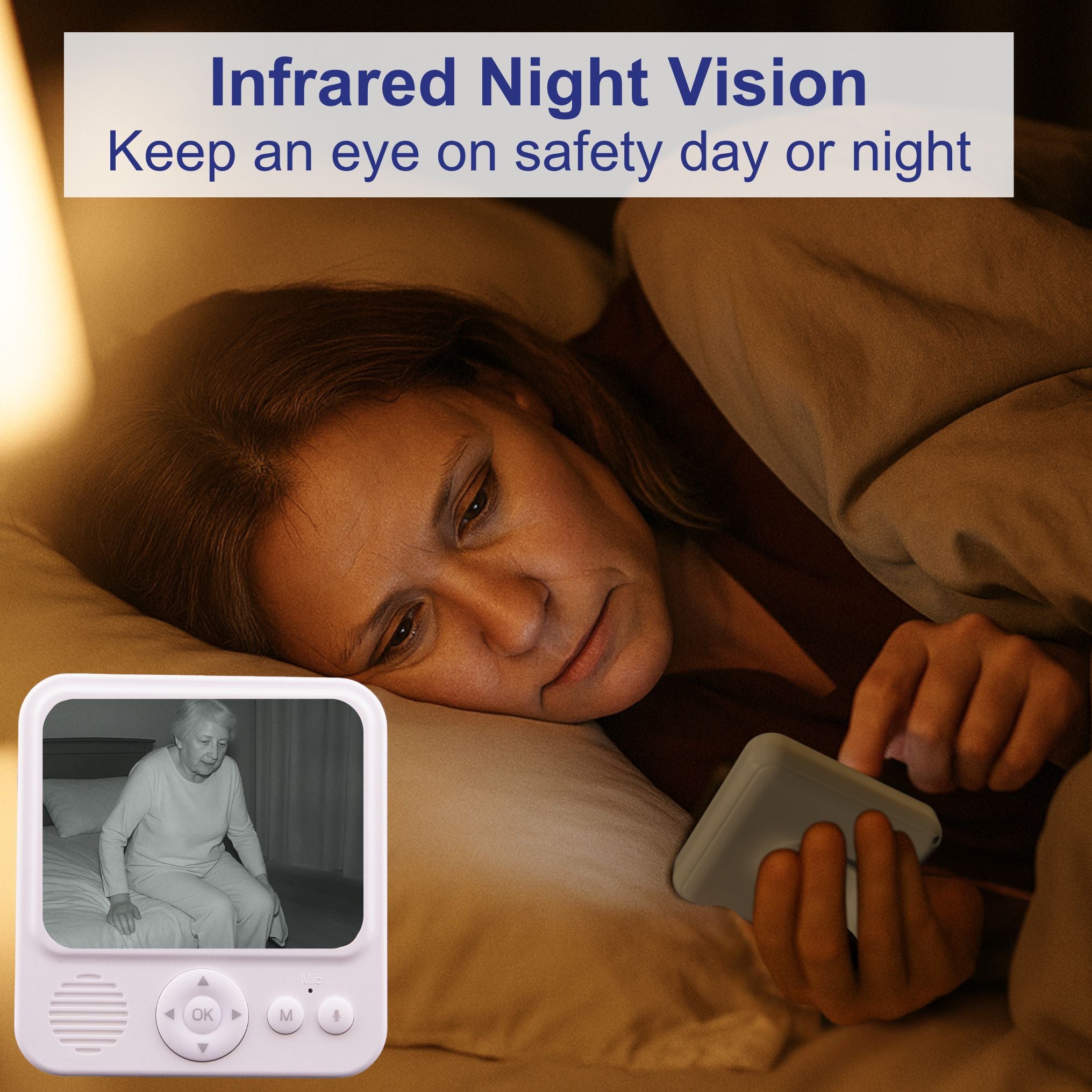 Person using a wireless baby monitor with infrared night vision feature, lying on a bed checking on her elderly loved one.