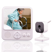 Monitor with screen displaying an elderly person using a walker, next to a separate camera on a white background.