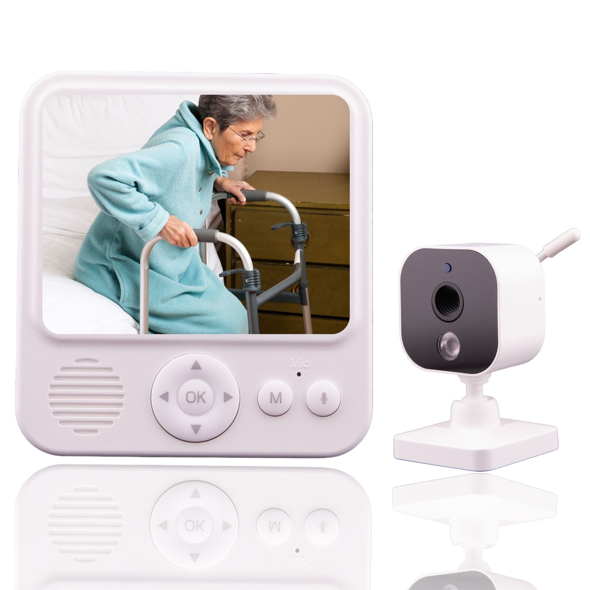 Monitor with screen displaying an elderly person using a walker, next to a separate camera on a white background.
